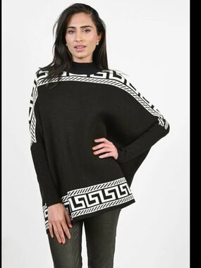 Frank Lyman Sz Medium Mock Neck Knit Woman Sweater With Greek Keys